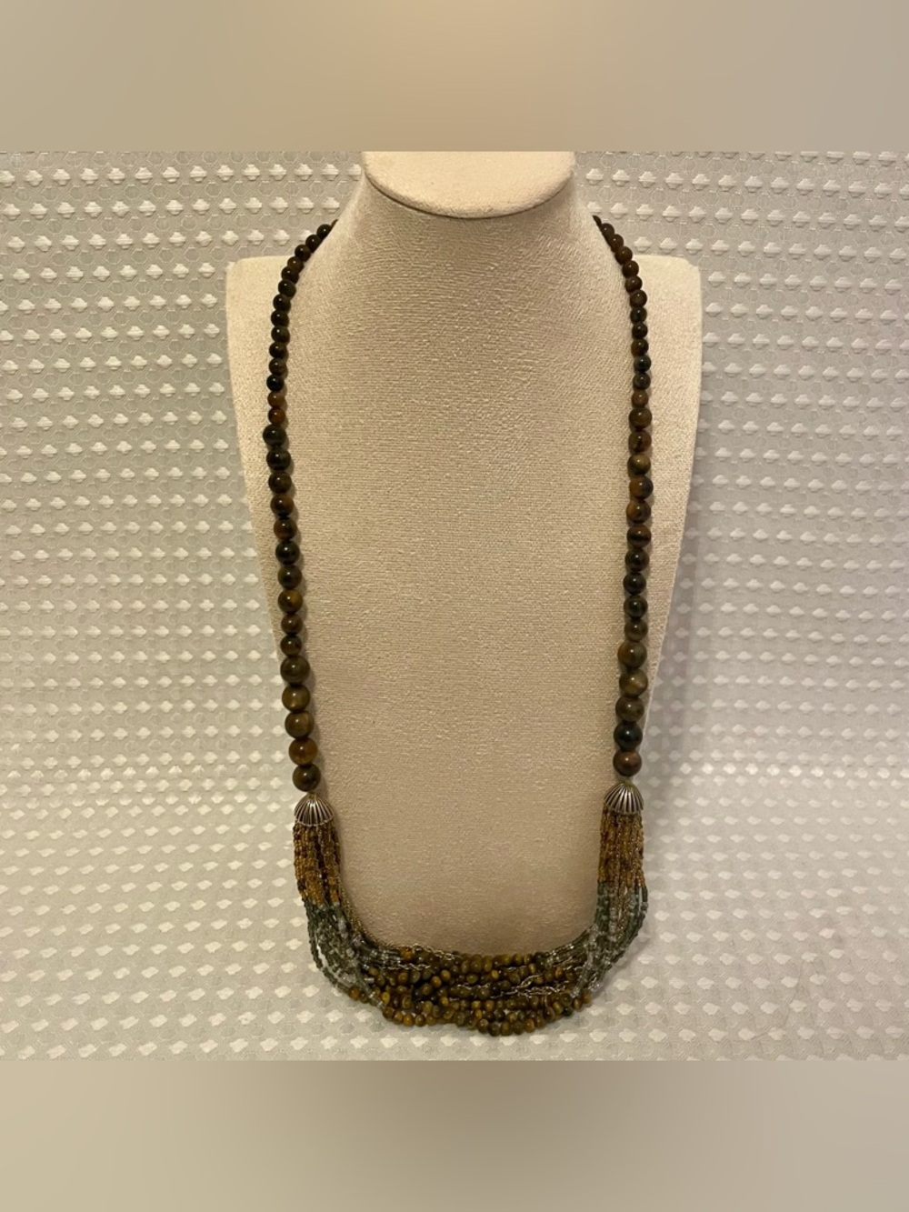Vintage MONET‎ Tiger's Eye Beaded Tassel Bib Necklace Brass/Gold Tone  EUC